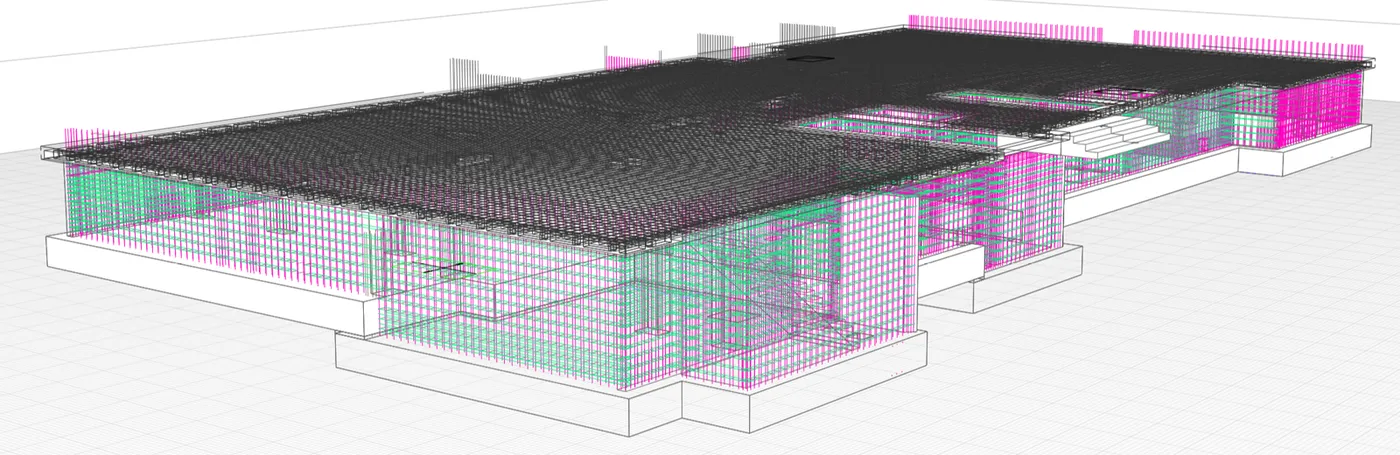 Fragment of the BIM model, 4th building section showing the reinforcement layout of the cast-in-place structures. Courtesy: Setl Group